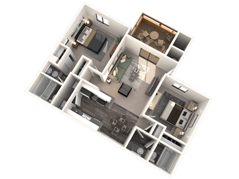 A 3D floor plan of a house with a living room, kitchen, dining room, and multiple bathrooms.